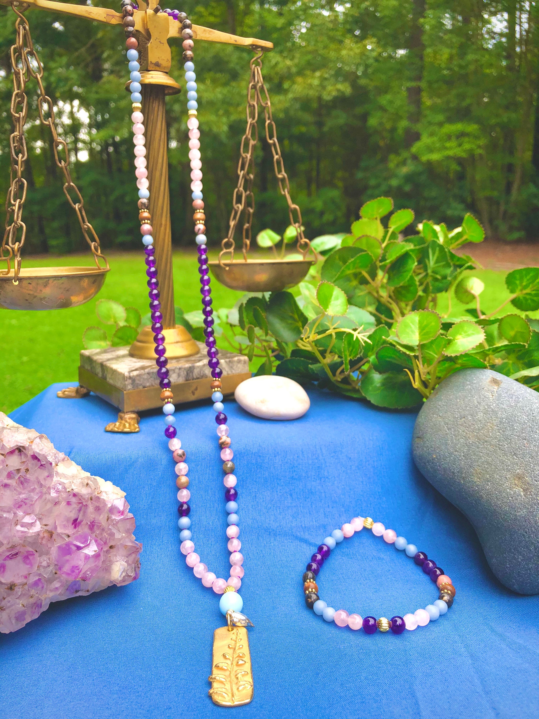 Mala "Saint's Meditations" Necklace & Bracelet | Amethyst Rose Quartz Angelite Rhodonite | Healing Energy Yoga Beads Jewelry - Mama’s Malas jewelry