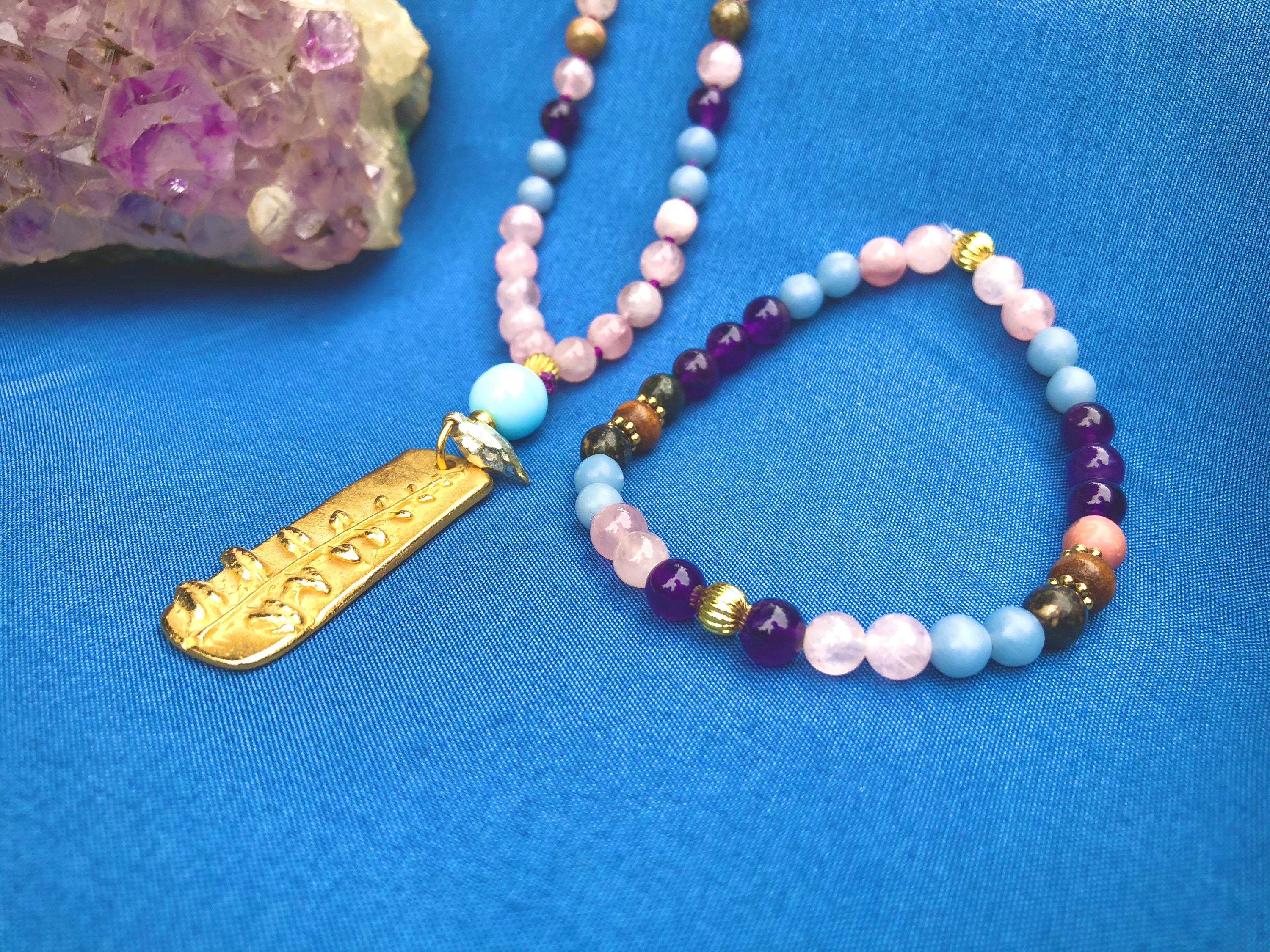 Mala "Saint's Meditations" Necklace & Bracelet | Amethyst Rose Quartz Angelite Rhodonite | Healing Energy Yoga Beads Jewelry - Mama’s Malas jewelry
