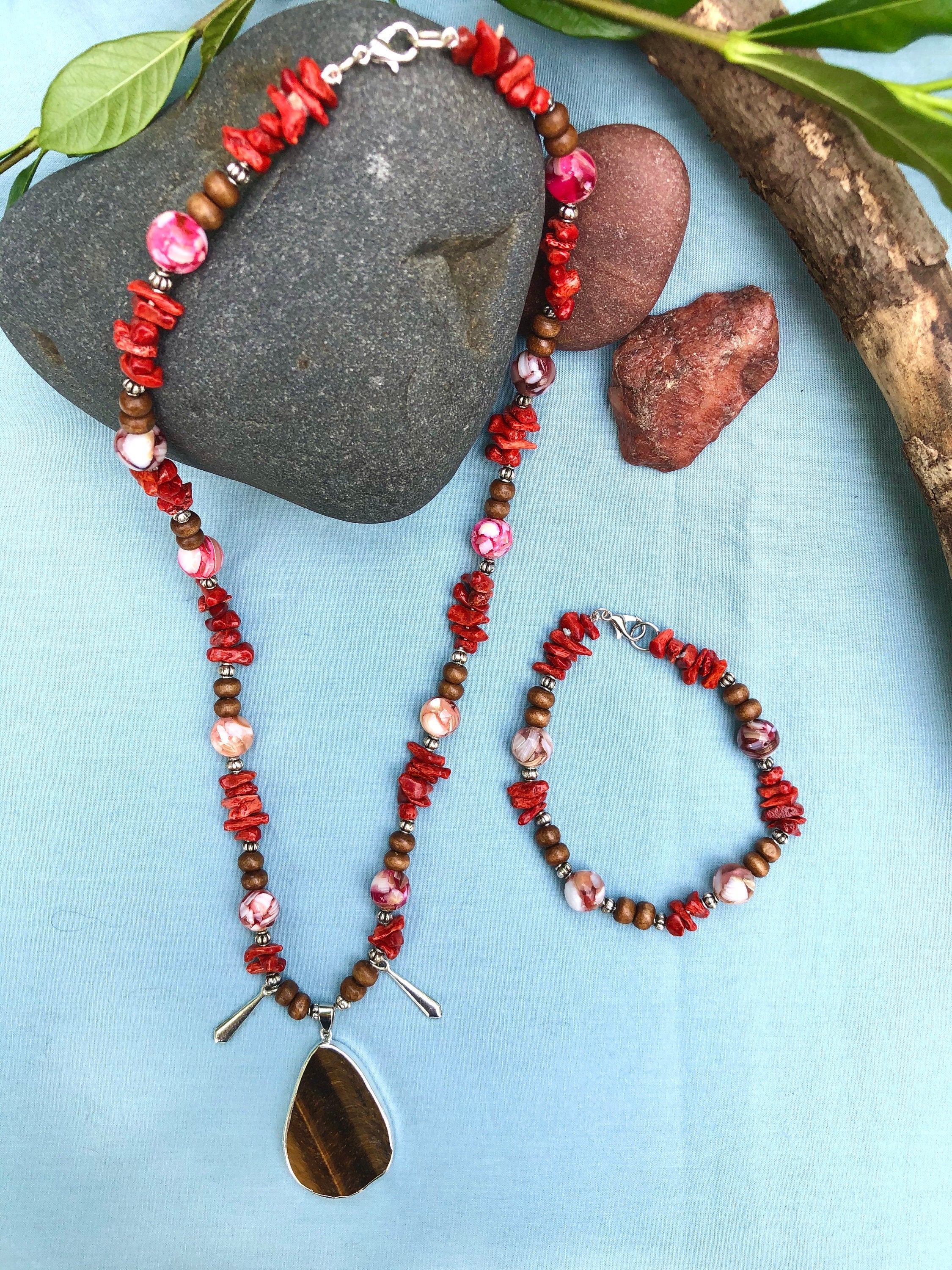 Chakra Healing "Goddess' Sight" Necklace & Bracelet | Tiger Eye Mother of Pearl Sponge Coral | Healing Energy Meditation Beach Jewelry - Mama’s Malas jewelry