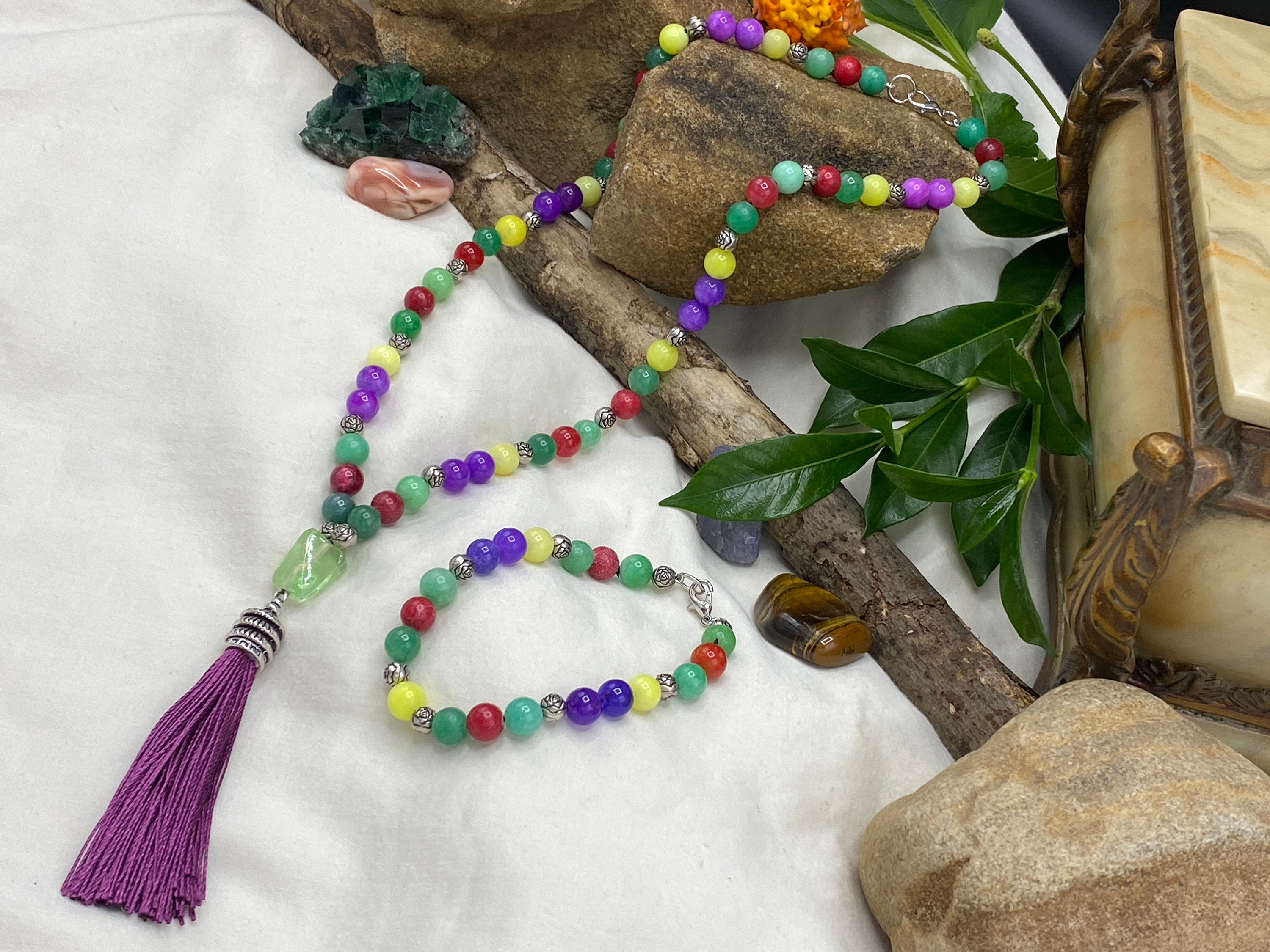 Chakra Jewelry "Ease of Self" Necklace & Bracelet | Green Yellow Red Purple Quartz | Energy Healing Reiki Meditation Party Rainbow - Mama’s Malas jewelry