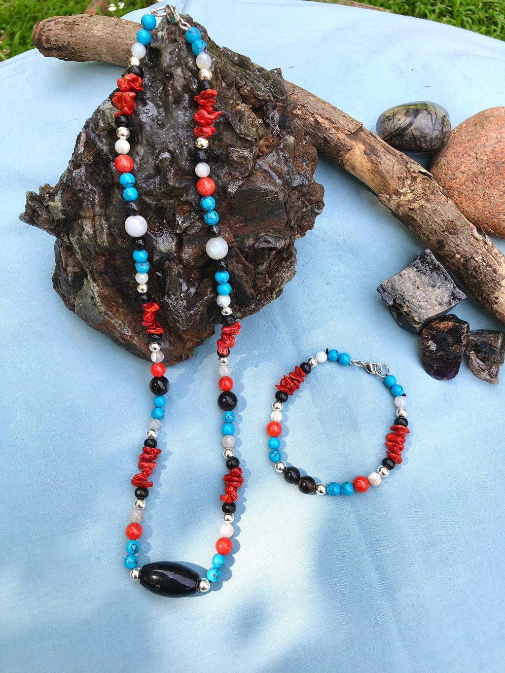 Chakra Awakening Necklace & Bracelet | Turquoise Agate Coral | Energy Healing Reiki Meditation Jewelry - Mama’s Malas jewelry