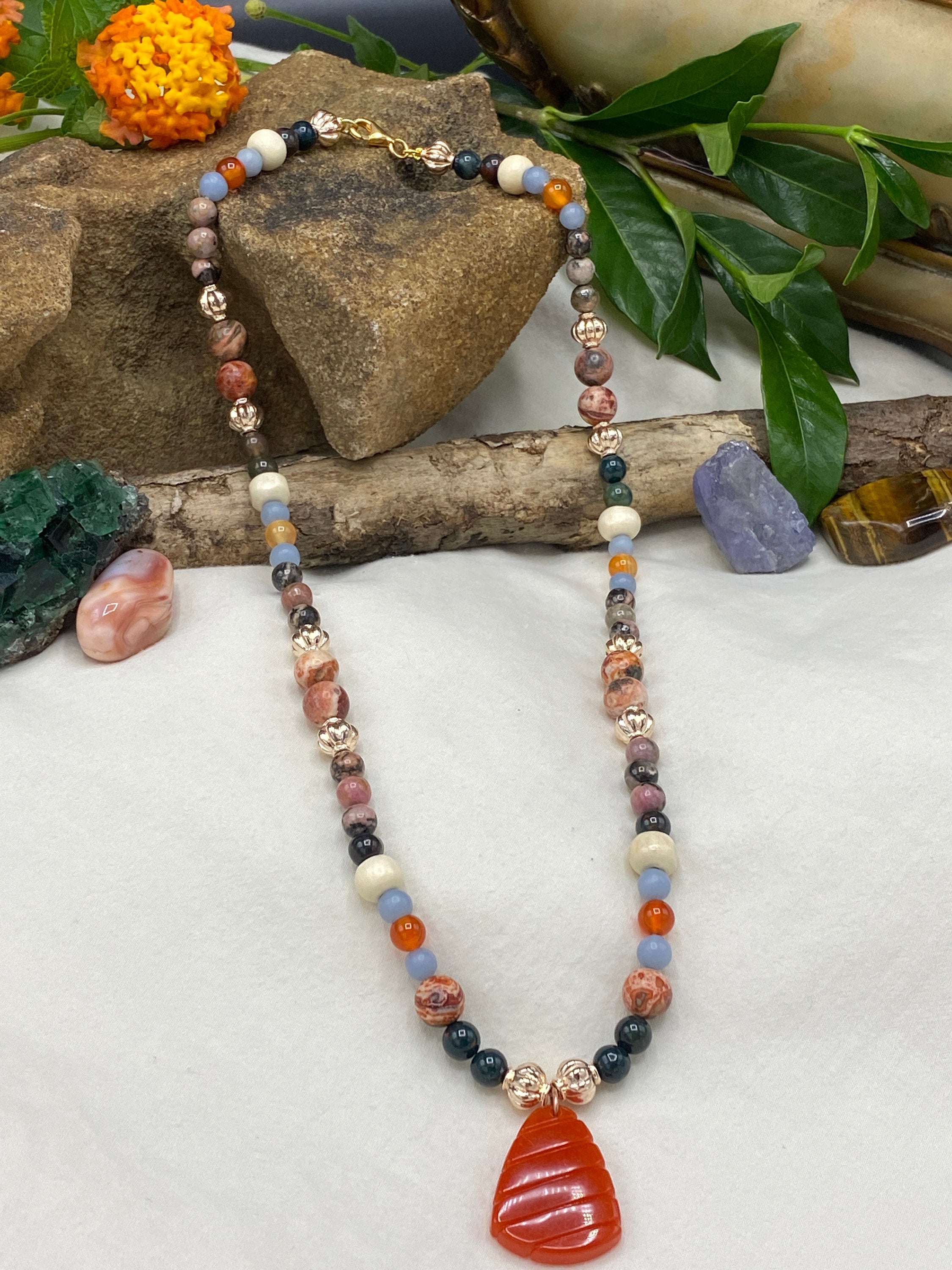 Chakra Jewelry "Lionheart" Necklace & Bracelet | Bloodstone Rhodonite Carnelian Jasper Angelite | Meditation Yoga Prayer Gift - Mama’s Malas jewelry