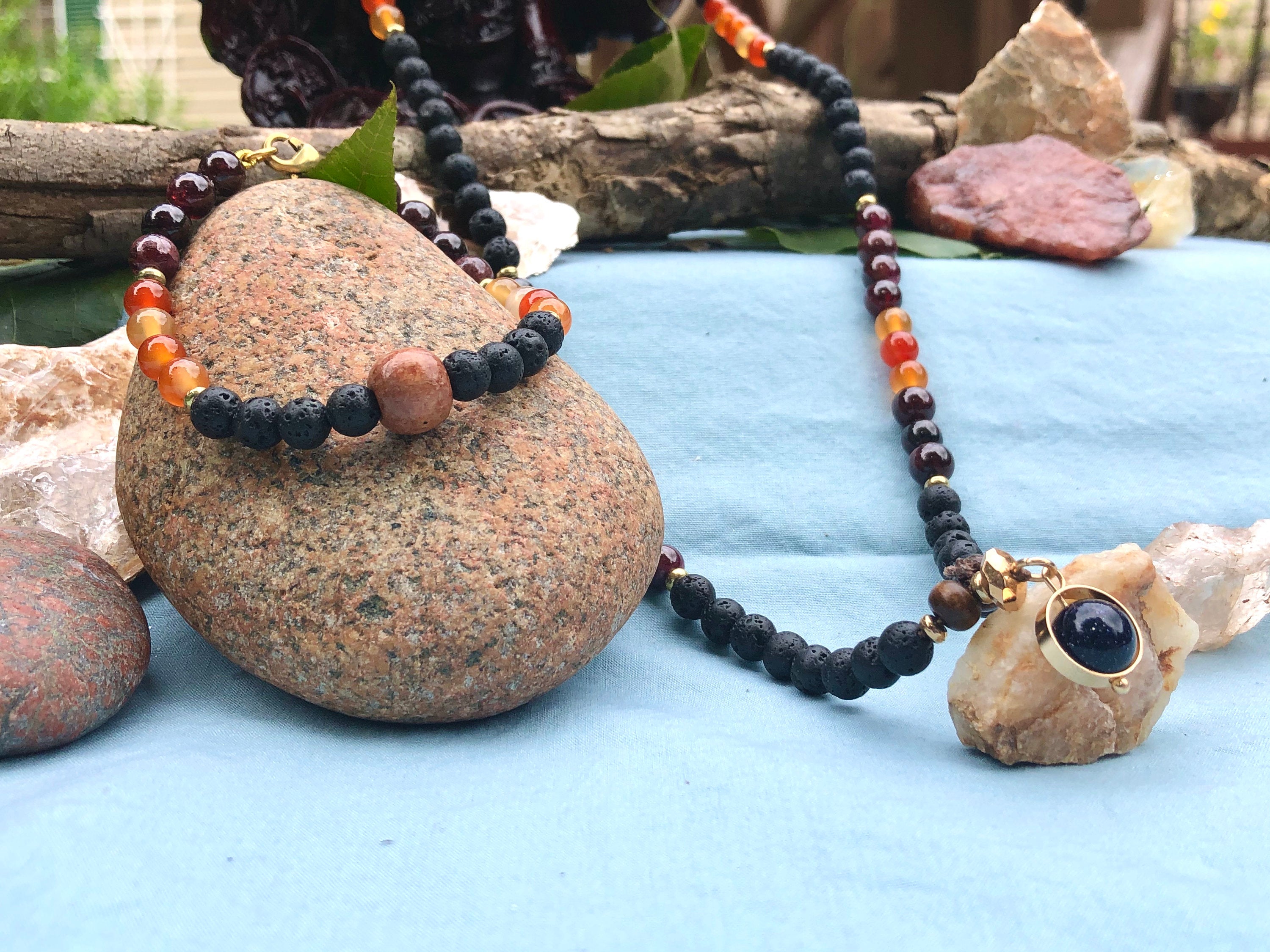 108 Mala "Manifest Inner Growth" Necklace & Bracelet | Garnet Carnelian Lava Rock Goldstone | Healing Energy Meditation Beads Jewelry - Mama’s Malas jewelry