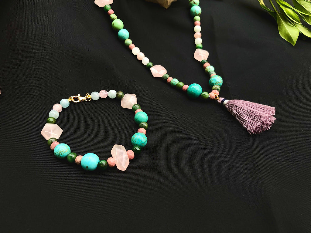 Mini Mala Tassel "Earth Angel" Necklace & Bracelet | Rhodonite Beryl Rose Quartz Aventurine Turquoise Magnesite | Chakra Beads Jewelry - Mama’s Malas jewelry