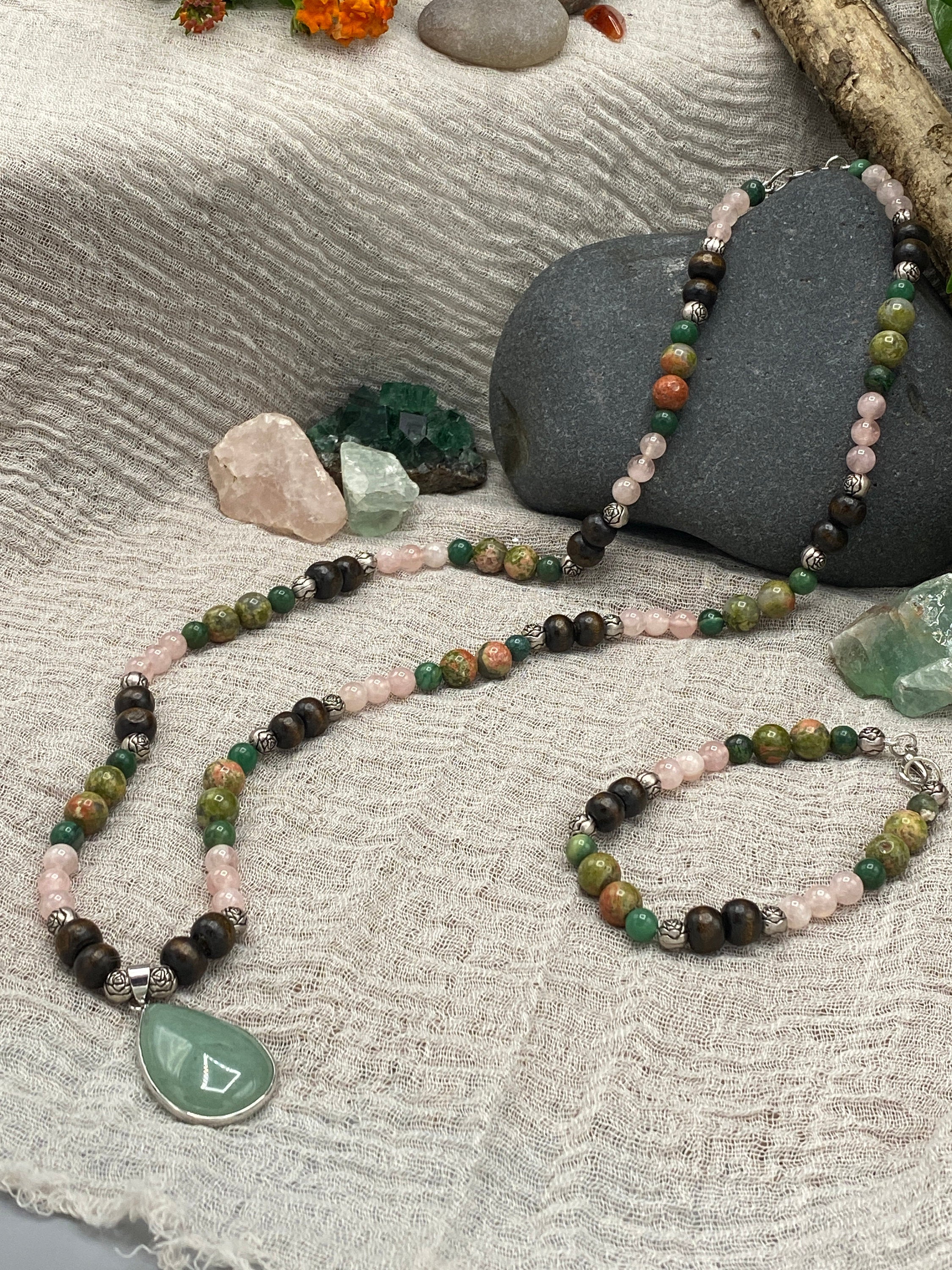 Crystal Jewelry "Fresh Beginnings" Necklace & Bracelet | Unakite Rose Quartz Green Aventurine | Energy Healing Goddess Meditation Pendant - Mama’s Malas jewelry