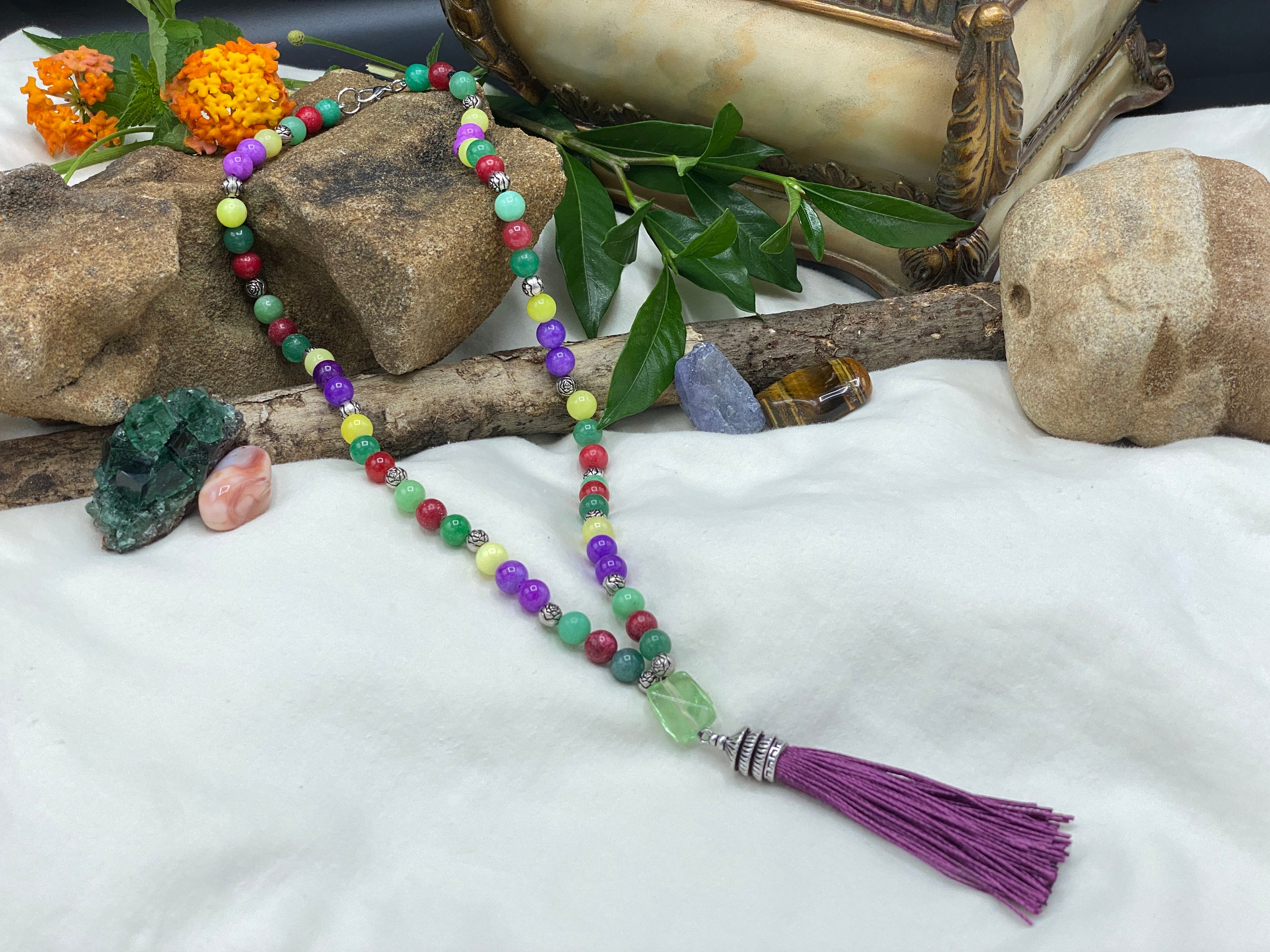 Chakra Jewelry "Ease of Self" Necklace & Bracelet | Green Yellow Red Purple Quartz | Energy Healing Reiki Meditation Party Rainbow - Mama’s Malas jewelry