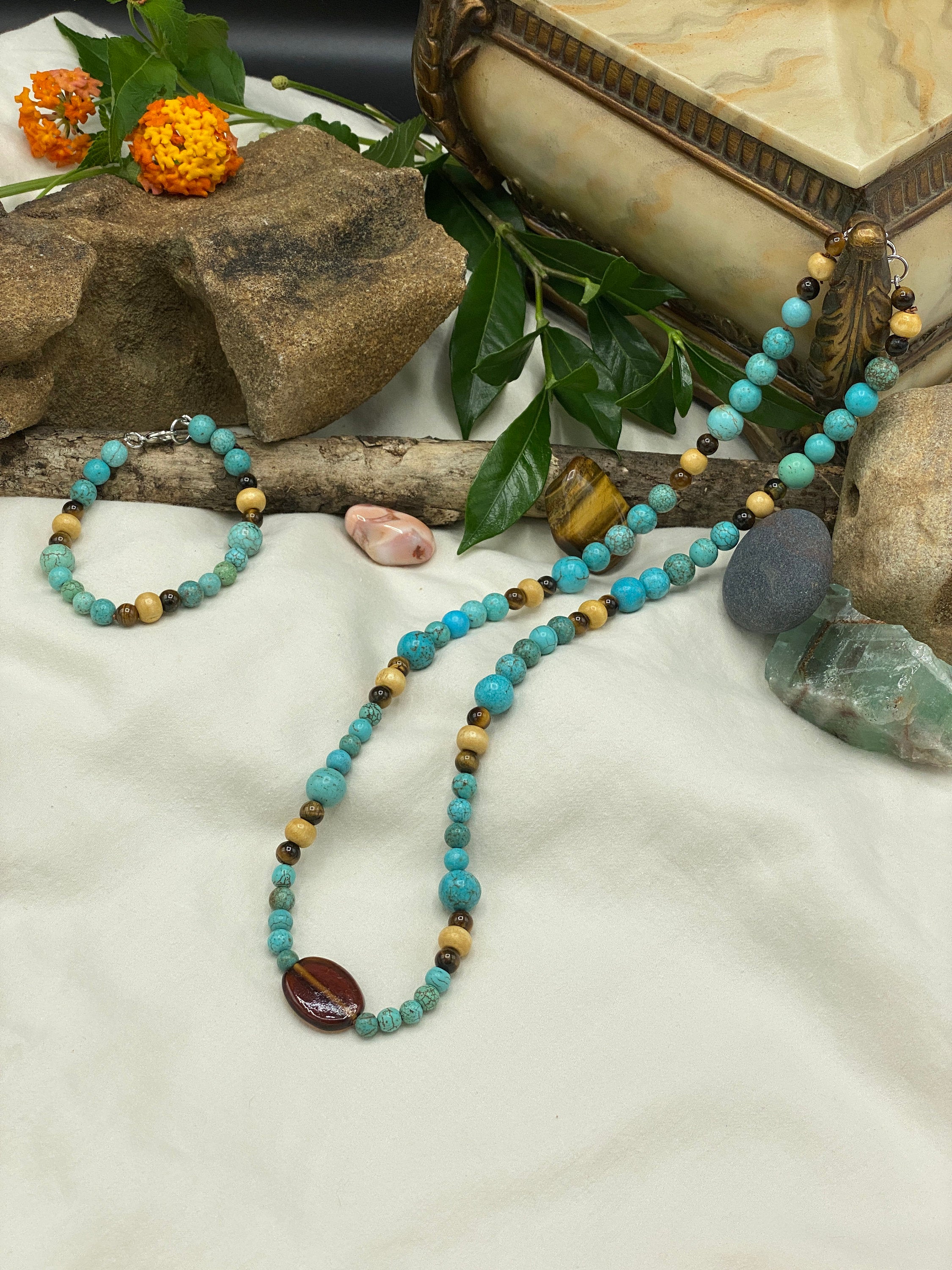 Chakra "Logic & Reason" Necklace Bracelet | Turquoise Magnesite Tigereye | Energy Healing Reiki Jewelry - Mama’s Malas jewelry