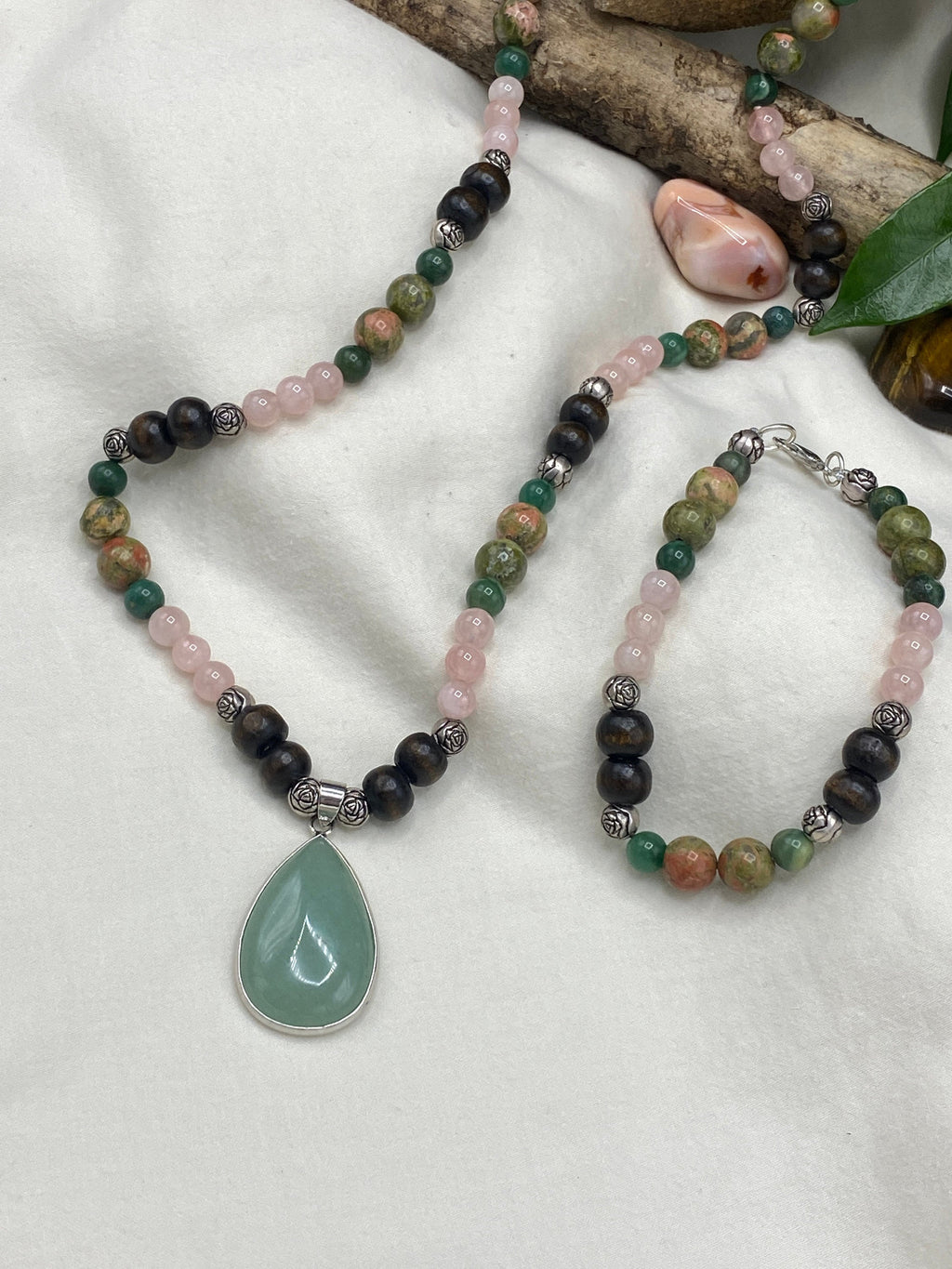 Crystal Jewelry "Fresh Beginnings" Necklace & Bracelet | Unakite Rose Quartz Green Aventurine | Energy Healing Goddess Meditation Pendant - Mama’s Malas jewelry