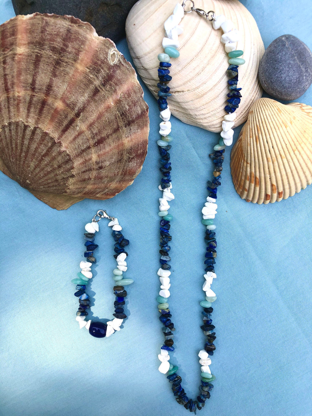 Chakra Jewelry "Always Waving" Necklace & Bracelet | Lapis Lazuli Amazonite Magnesite | Energy Aligning Meditation Yoga Jewelry - Mama’s Malas jewelry