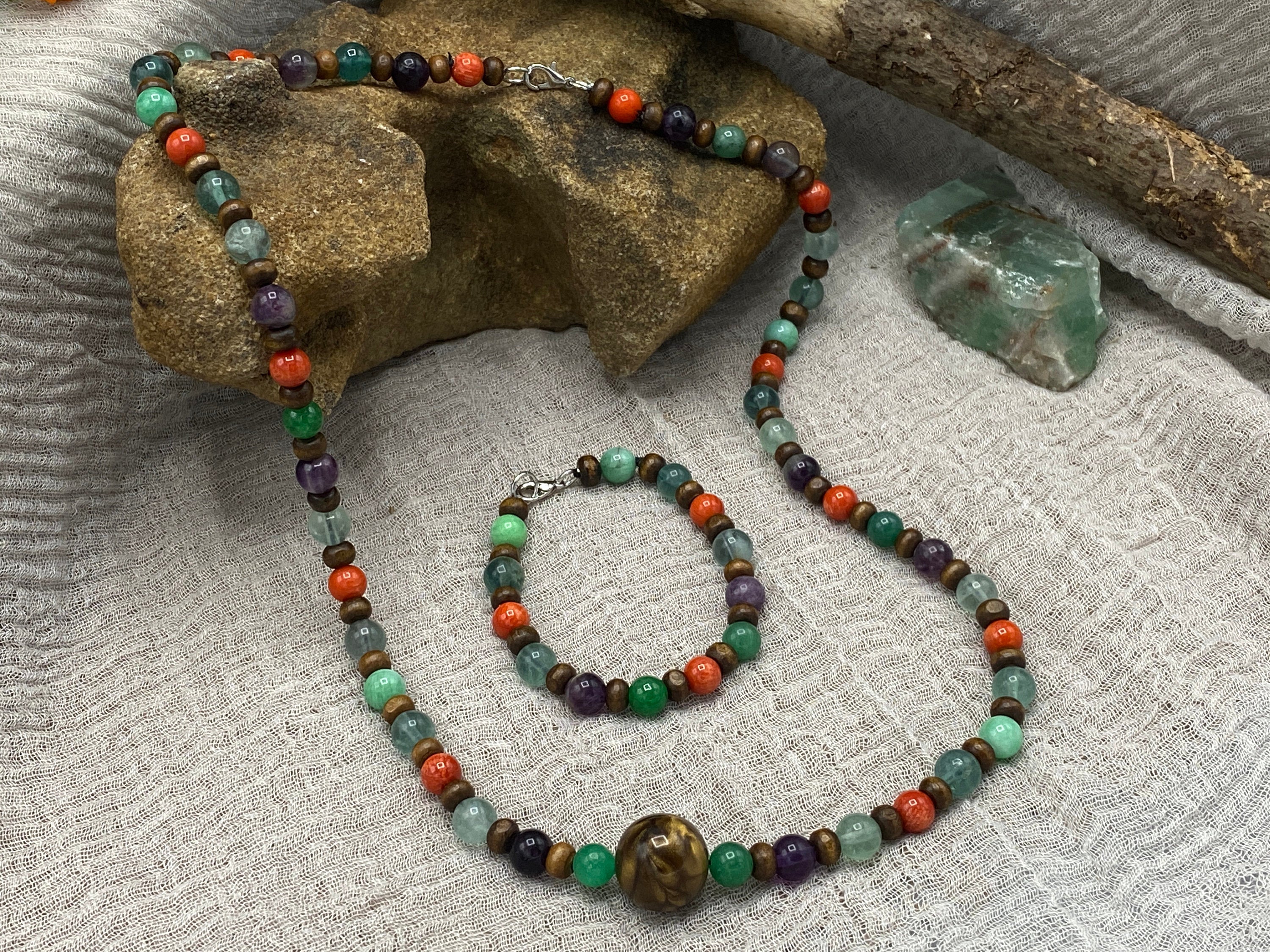 Chakra Jewelry "Unshaken Clarity" Necklace & Bracelet | Green Quartz Fluorite Coral | Energy Healing Reiki Meditation Shamanic Vision - Mama’s Malas jewelry