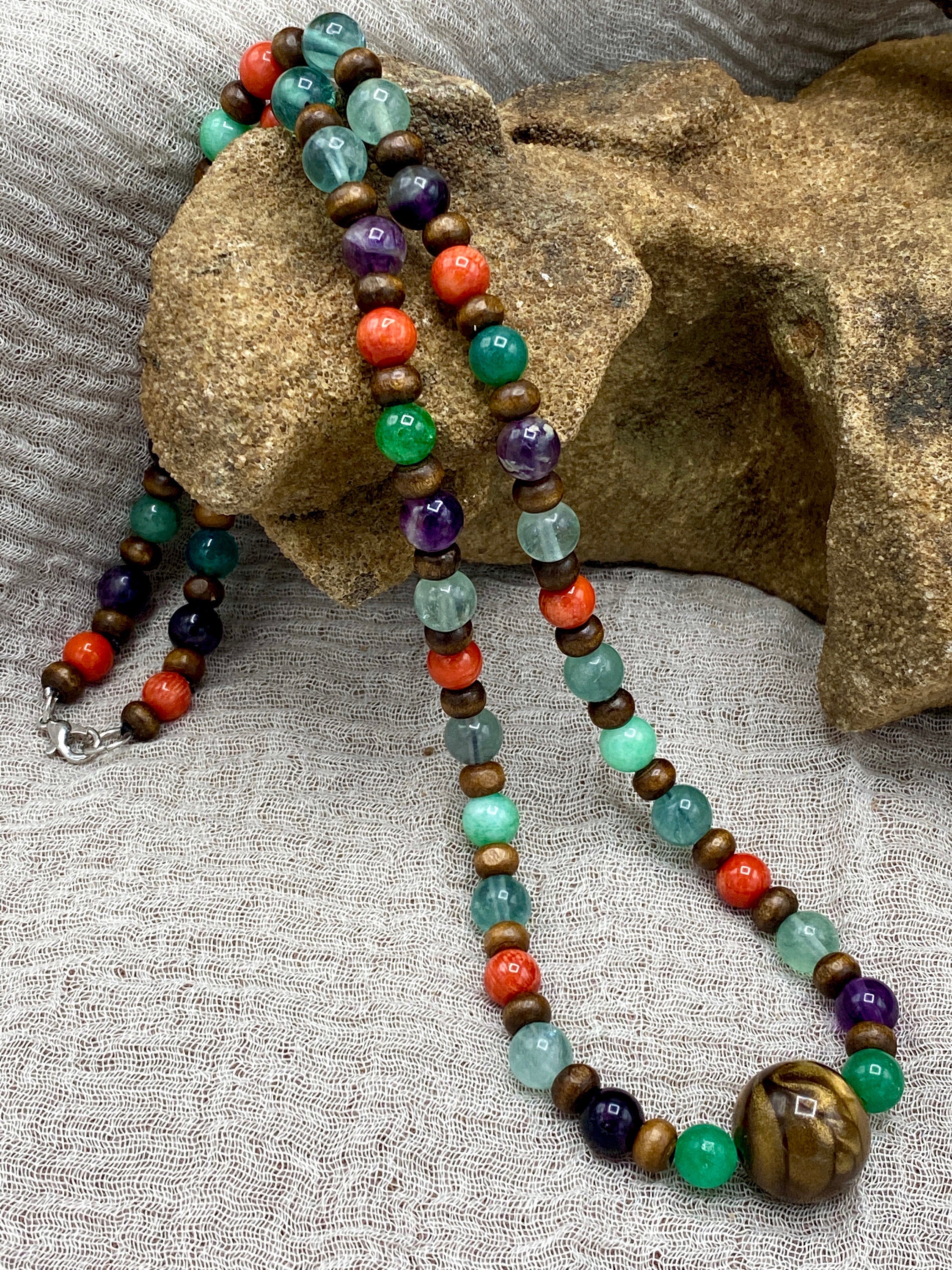 Chakra Jewelry "Unshaken Clarity" Necklace & Bracelet | Green Quartz Fluorite Coral | Energy Healing Reiki Meditation Shamanic Vision - Mama’s Malas jewelry