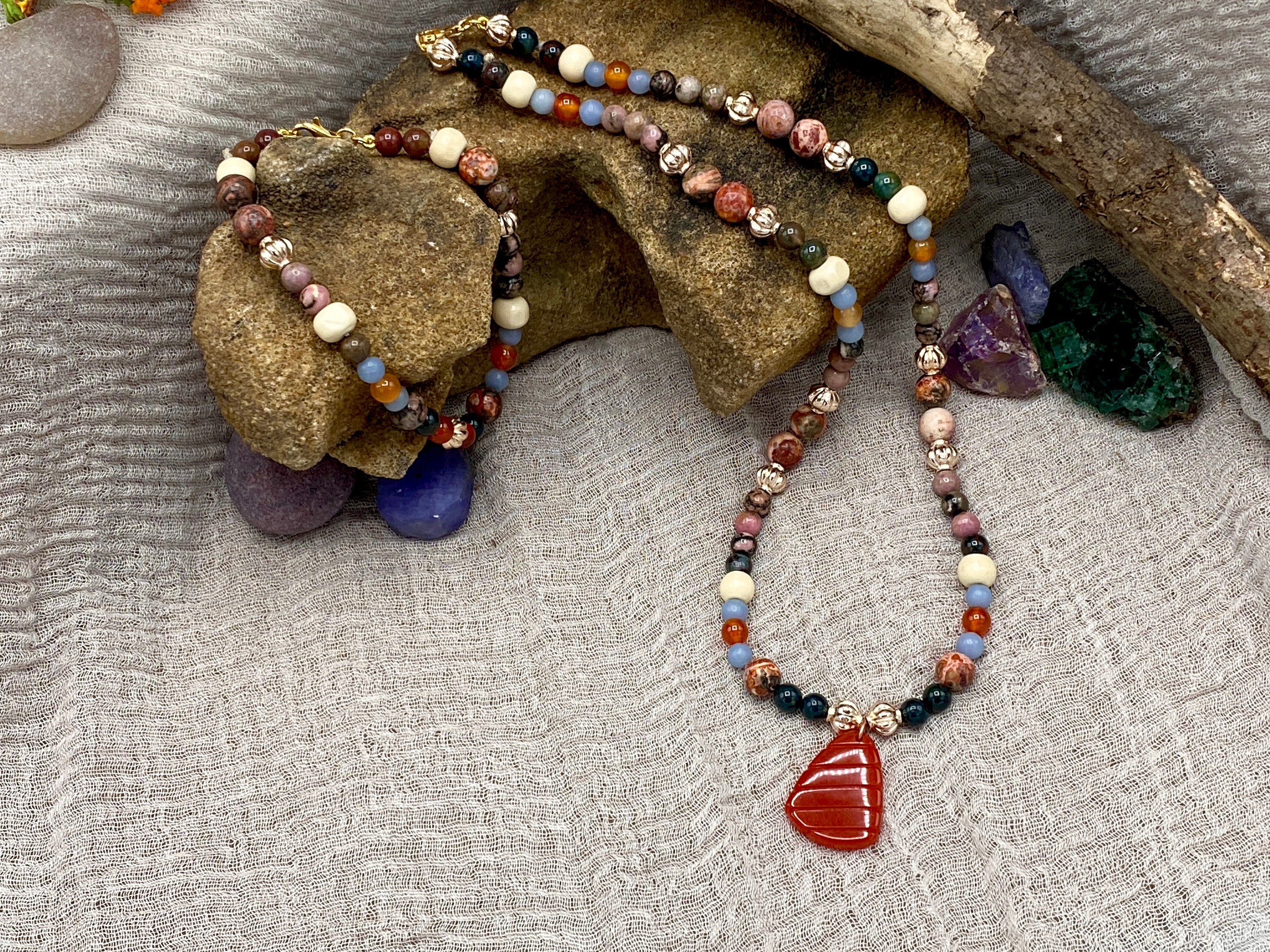 Chakra Jewelry "Lionheart" Necklace & Bracelet | Bloodstone Rhodonite Carnelian Jasper Angelite | Meditation Yoga Prayer Gift - Mama’s Malas jewelry