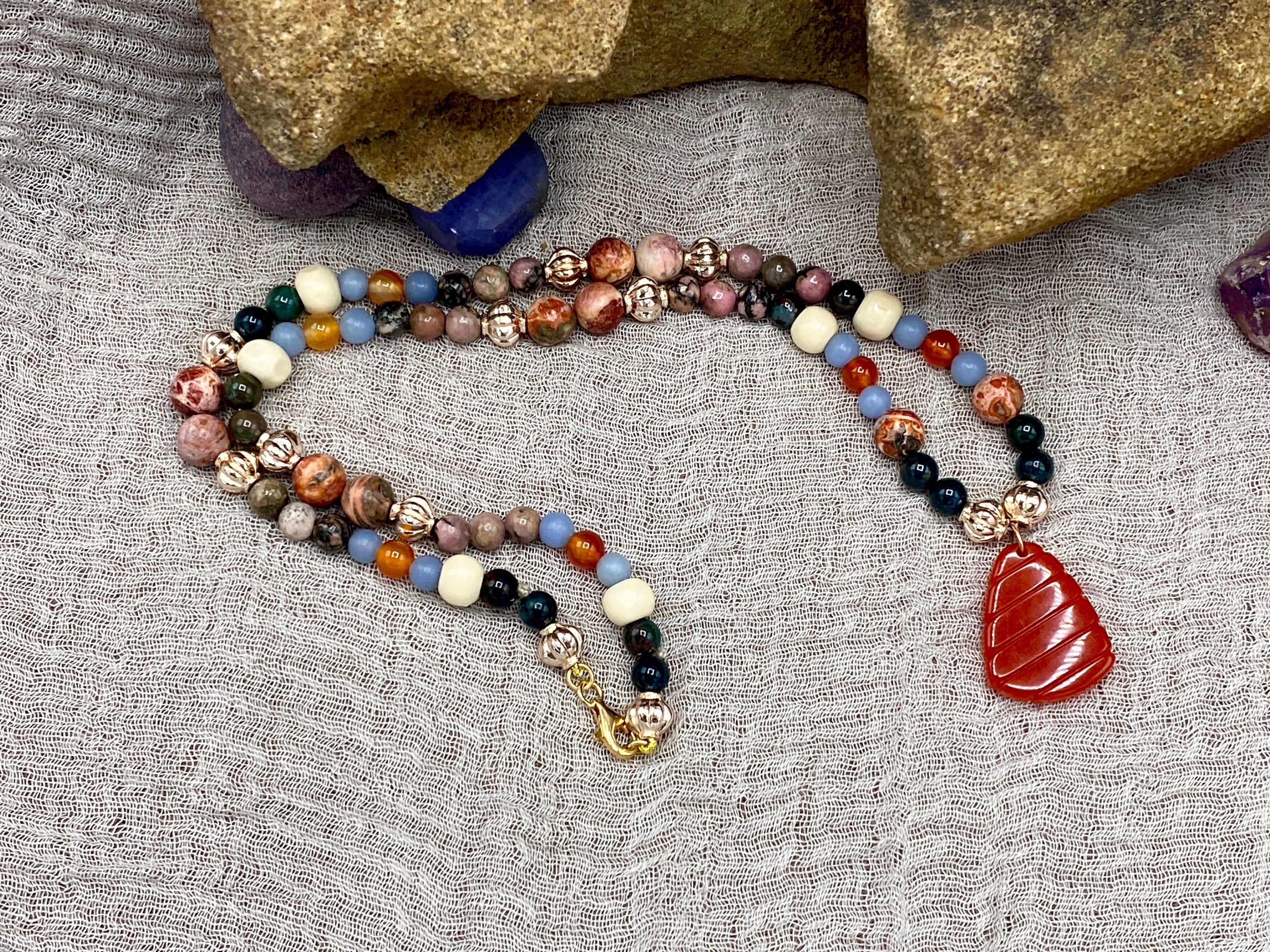 Chakra Jewelry "Lionheart" Necklace & Bracelet | Bloodstone Rhodonite Carnelian Jasper Angelite | Meditation Yoga Prayer Gift - Mama’s Malas jewelry