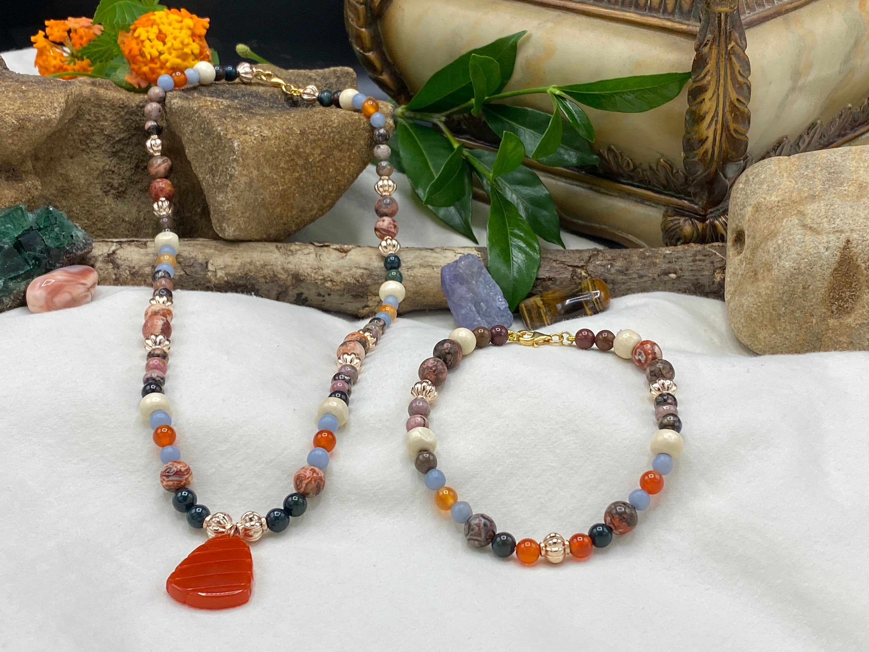 Chakra Jewelry "Lionheart" Necklace & Bracelet | Bloodstone Rhodonite Carnelian Jasper Angelite | Meditation Yoga Prayer Gift - Mama’s Malas jewelry