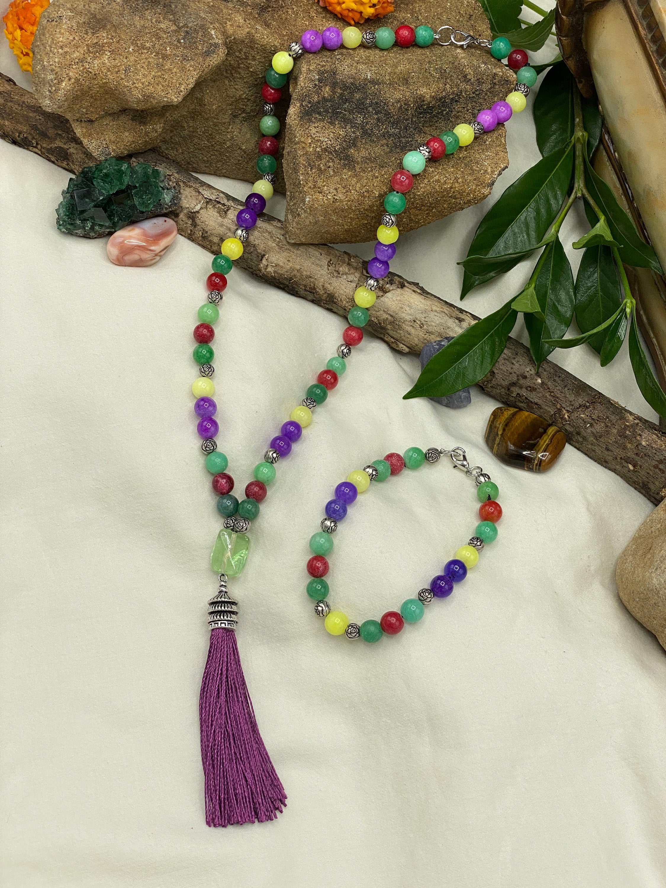 Chakra Jewelry "Ease of Self" Necklace & Bracelet | Green Yellow Red Purple Quartz | Energy Healing Reiki Meditation Party Rainbow - Mama’s Malas jewelry