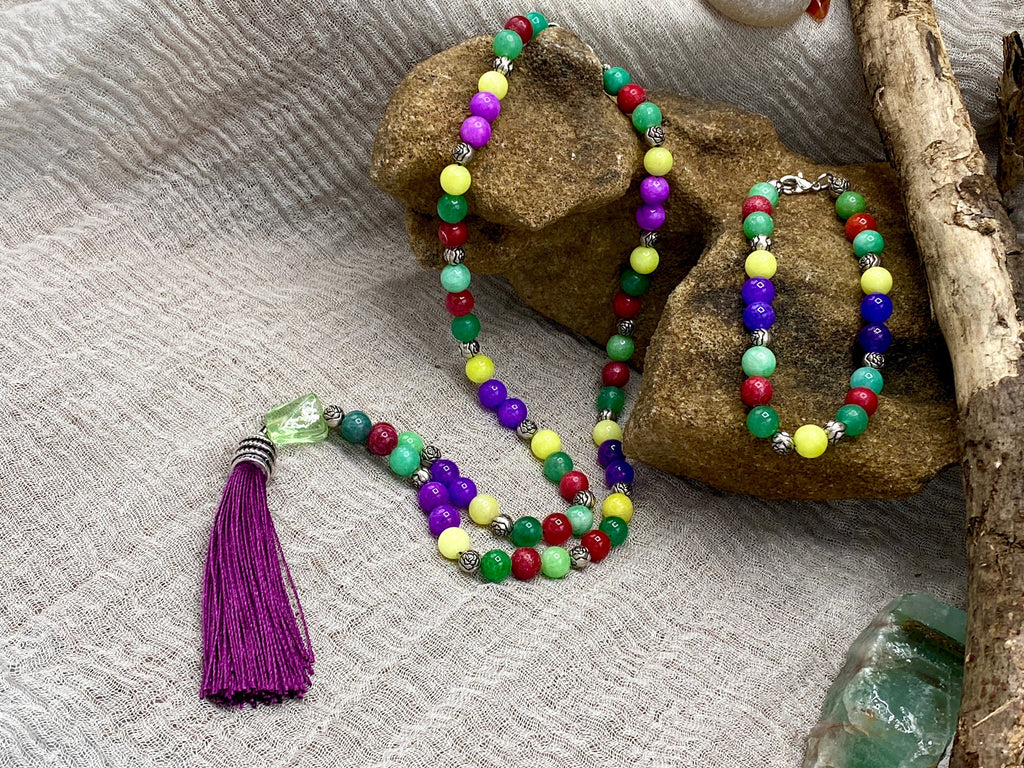 Chakra Jewelry "Ease of Self" Necklace & Bracelet | Green Yellow Red Purple Quartz | Energy Healing Reiki Meditation Party Rainbow - Mama’s Malas jewelry