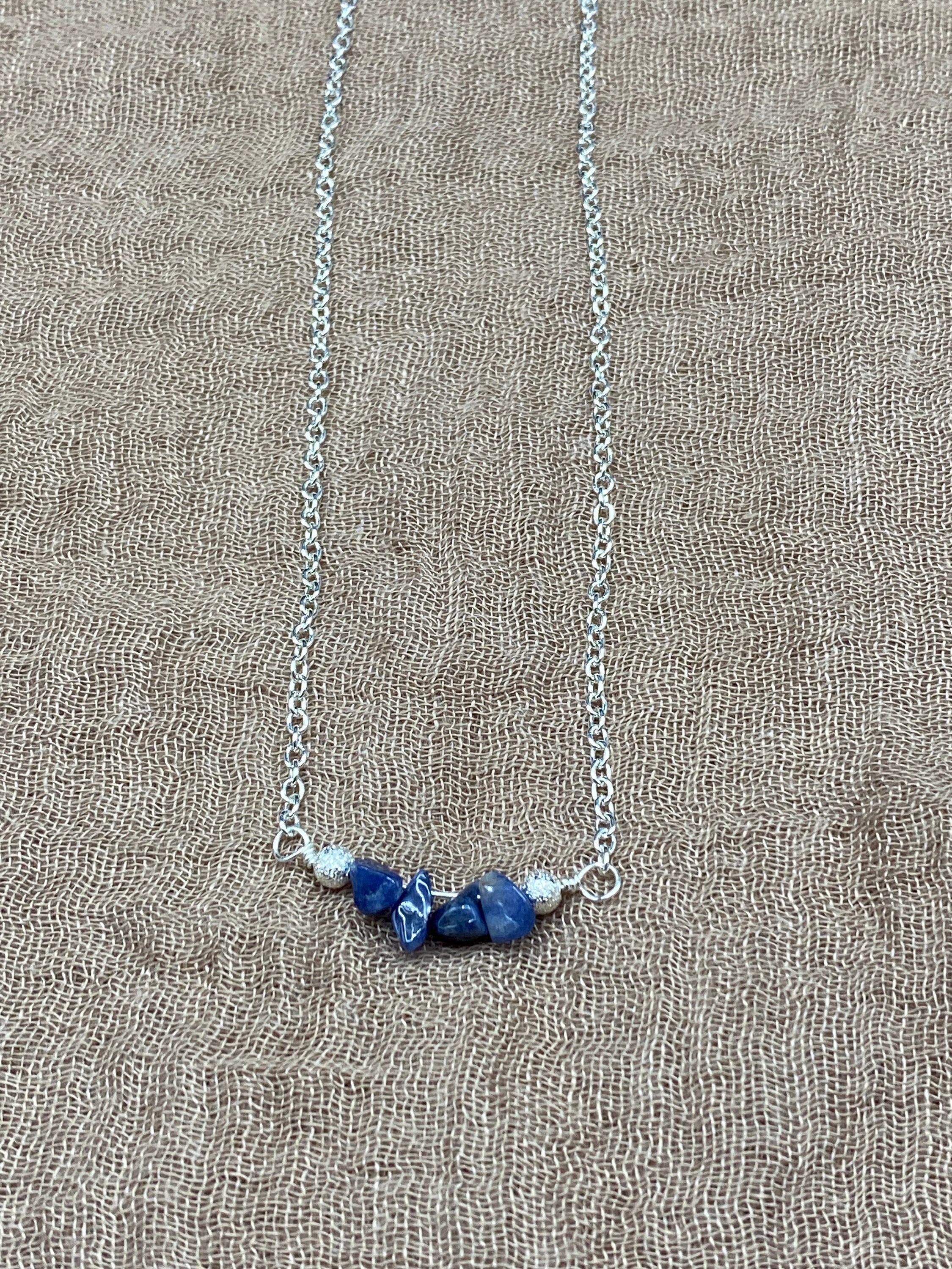 Dainty Silver Sodalite Chakra Necklace | Sodalite Nuggets | Third Eye Throat Chakra Petite Tiny Crystal Chain Jewelry - Mama’s Malas jewelry