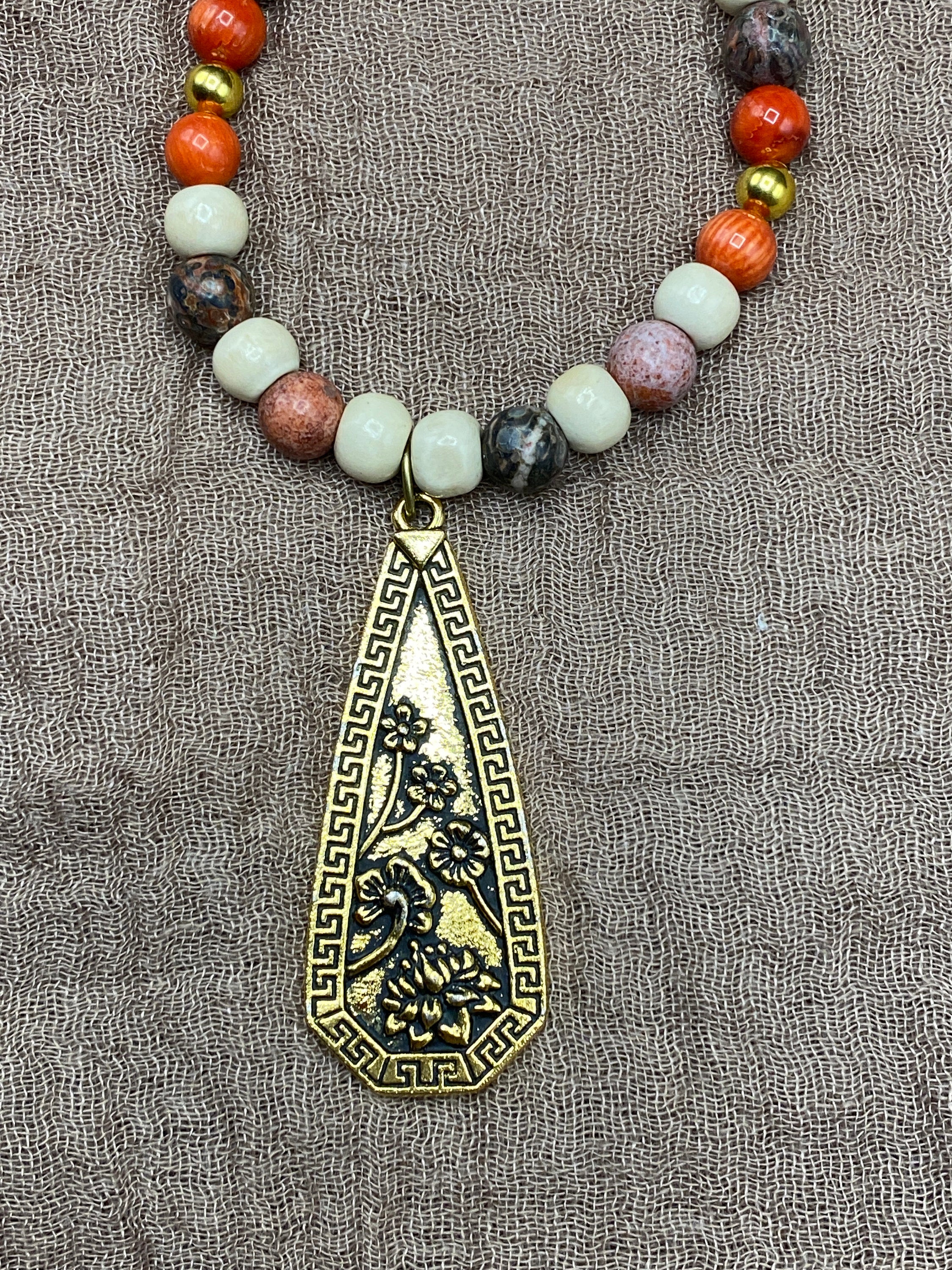 Desert Rose Fashion Mala Gold Pendant | Leopard Jasper Coral Wood | Chakra Meditation Warrior Woman Necklace Yoga Jewelry - Mama’s Malas jewelry