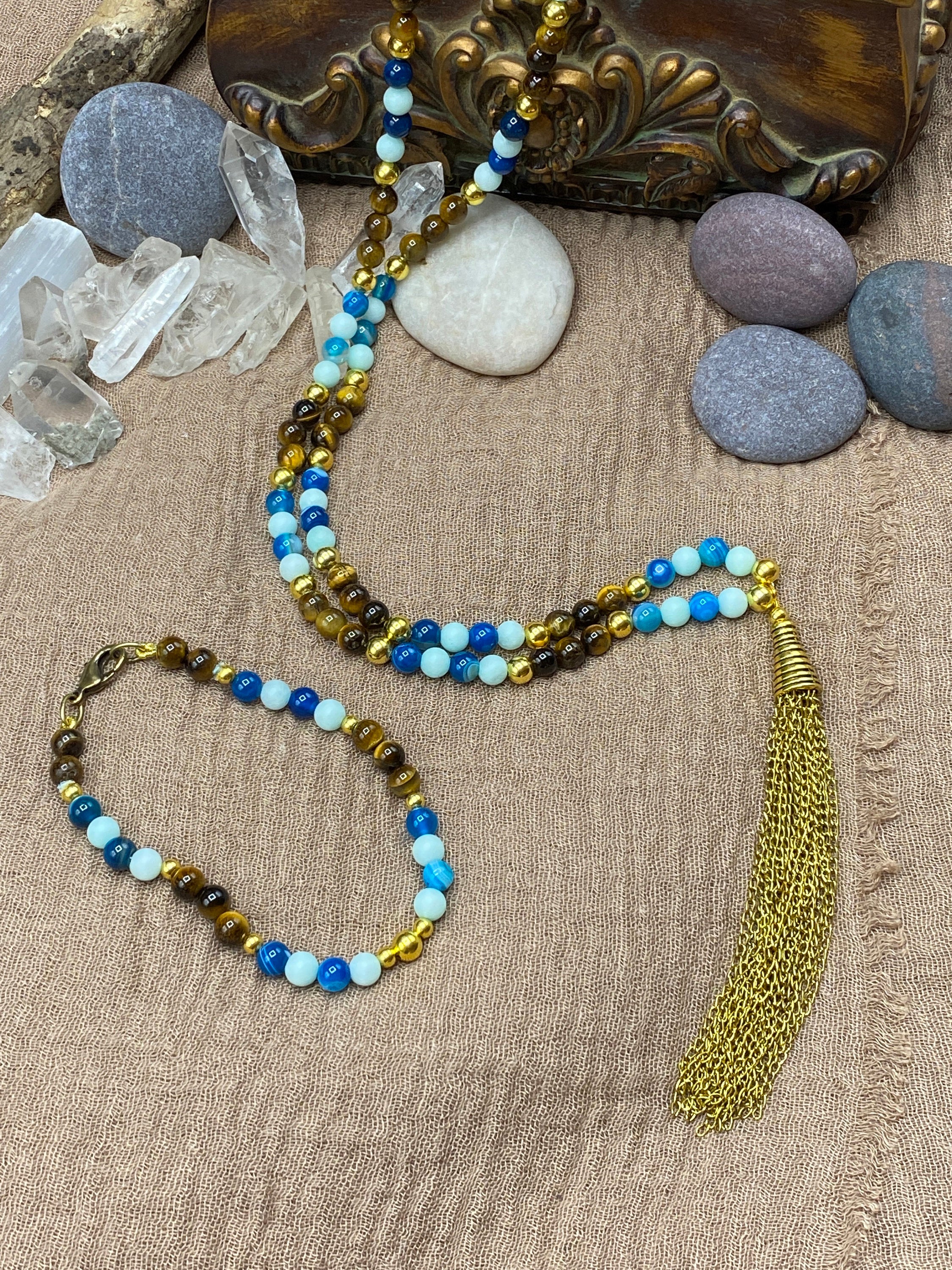 Chakra Healing "Blue Oasis" Tassel Necklace & Bracelet | Tigereye Blue Agate Jade | Healing Energy Meditation Yoga Jewelry - Mama’s Malas jewelry