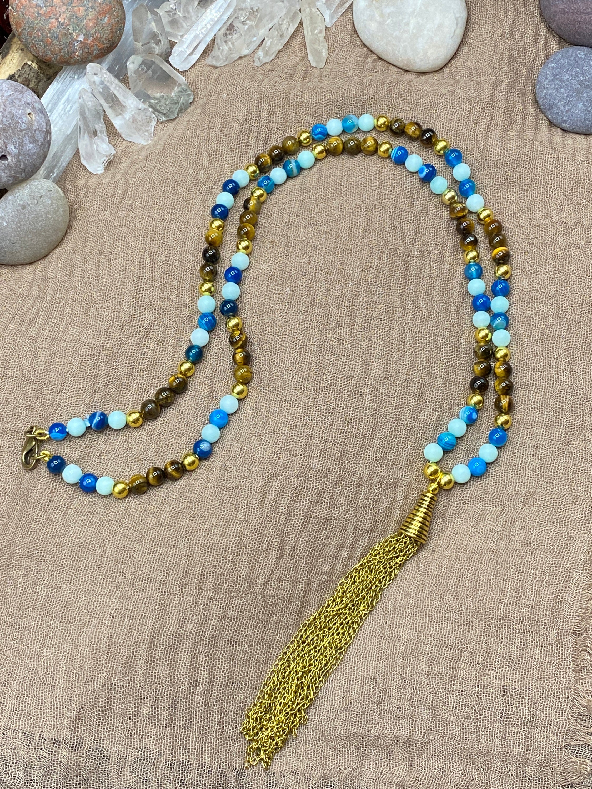 Chakra Healing "Blue Oasis" Tassel Necklace & Bracelet | Tigereye Blue Agate Jade | Healing Energy Meditation Yoga Jewelry - Mama’s Malas jewelry