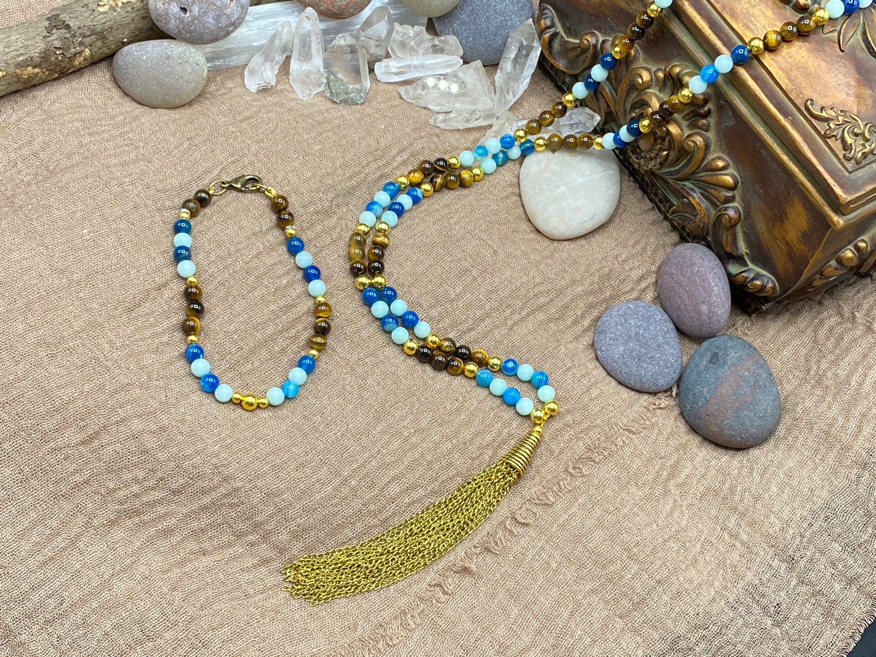 Chakra Healing "Blue Oasis" Tassel Necklace & Bracelet | Tigereye Blue Agate Jade | Healing Energy Meditation Yoga Jewelry - Mama’s Malas jewelry