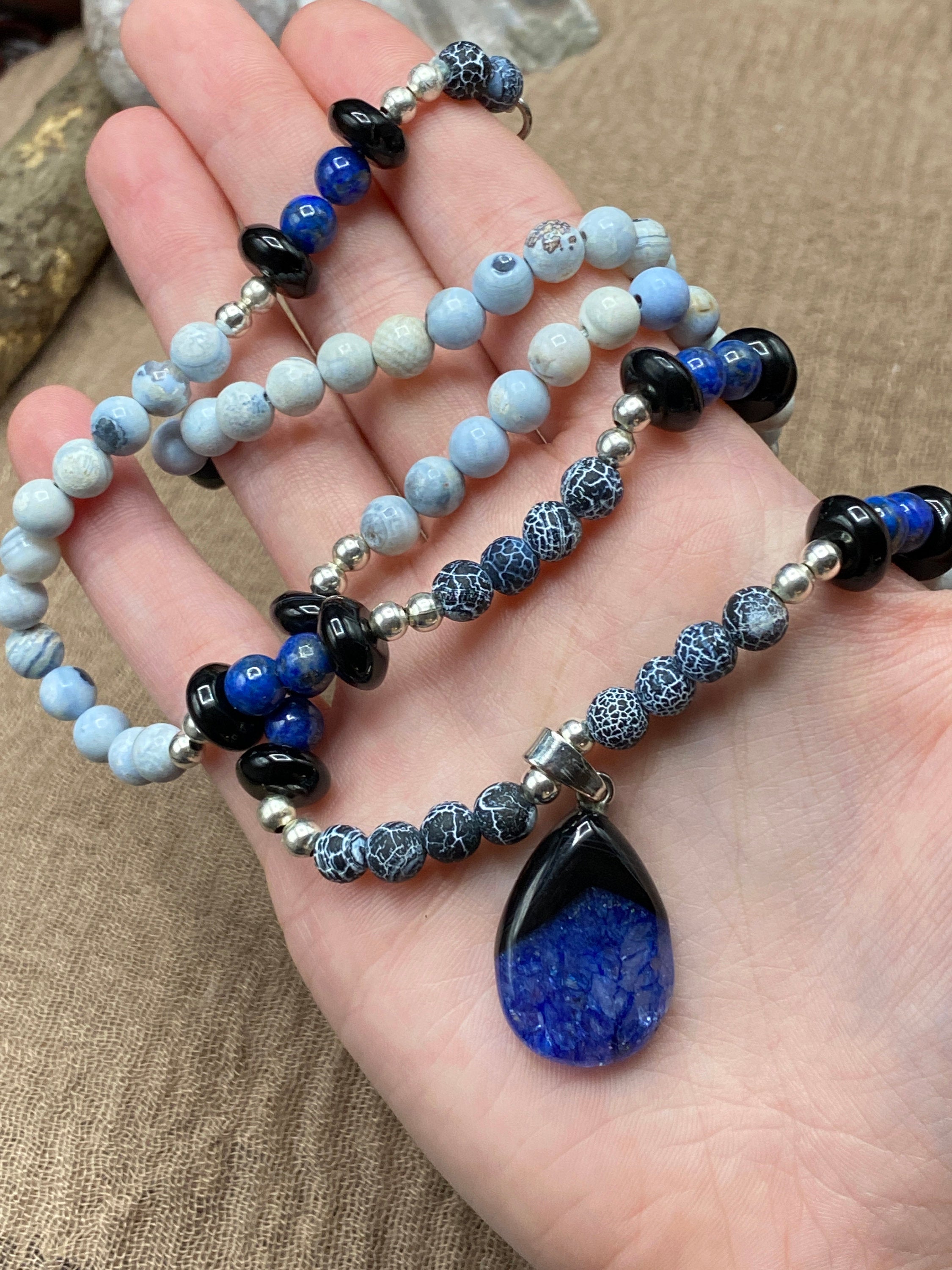 Chakra Jewelry "Mystic Waters" Necklace & Bracelet | Black Blue Fire Agate Blue Lapis | Energy Healing Reiki Meditation Shamanic Vision - Mama’s Malas jewelry